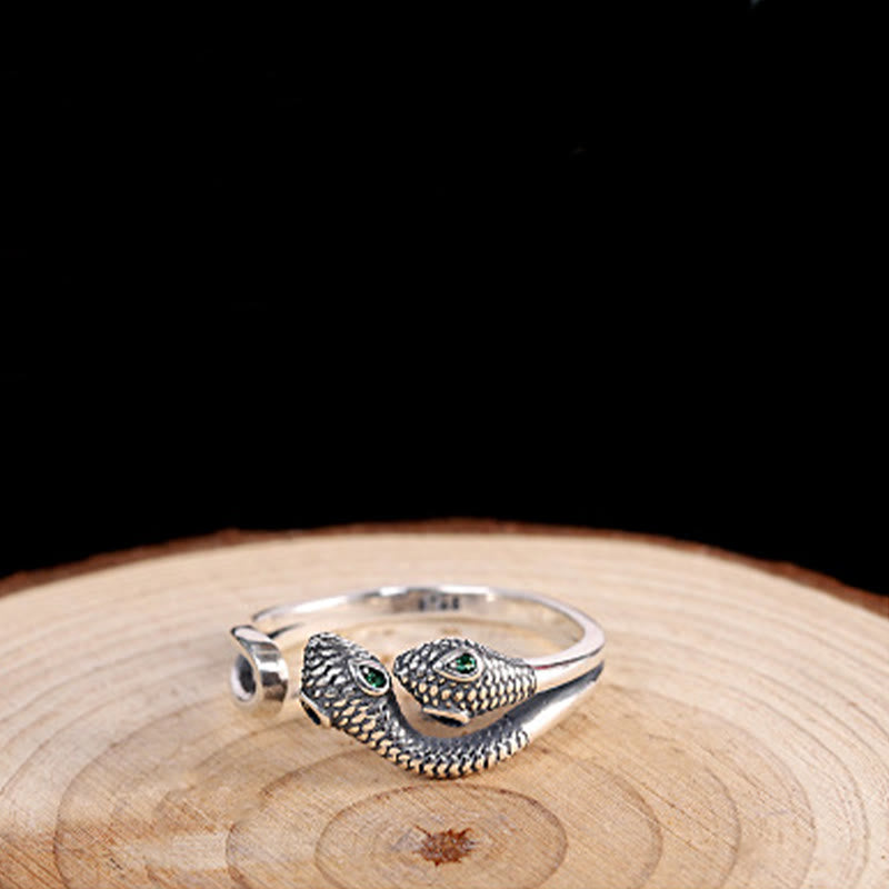 Anillo abierto ajustable con serpiente de dos cabezas del año de la serpiente en plata de ley 925 con Buddha Stones