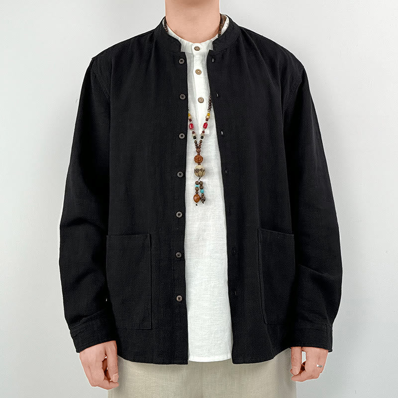 Camisa informal de lino y algodón con bolsillos para hombre, de color liso y ramio , con Buddha Stones - Negro - US/UK/AU42, EU52 (3XL) - image 4