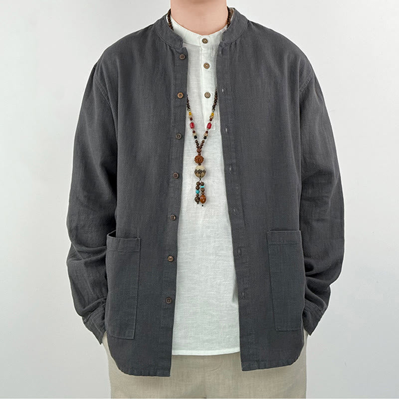 Camisa informal de lino y algodón con bolsillos para hombre, de color liso y ramio , con Buddha Stones - image 1