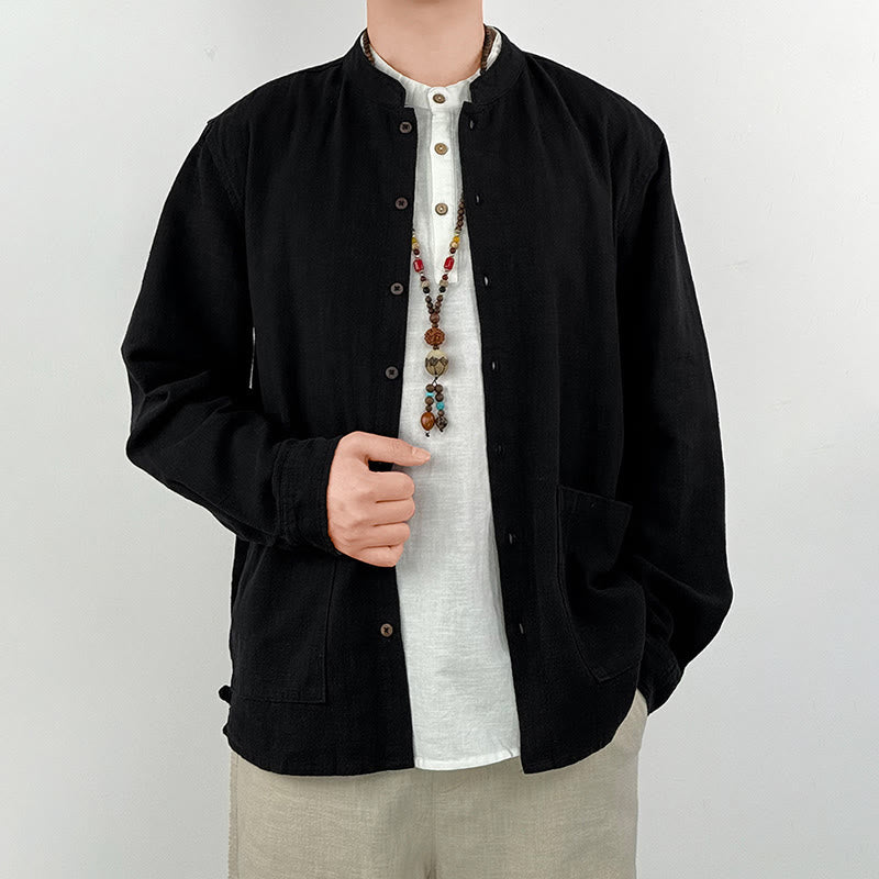 Camisa informal de lino y algodón con bolsillos para hombre, de color liso y ramio , con Buddha Stones - image 6