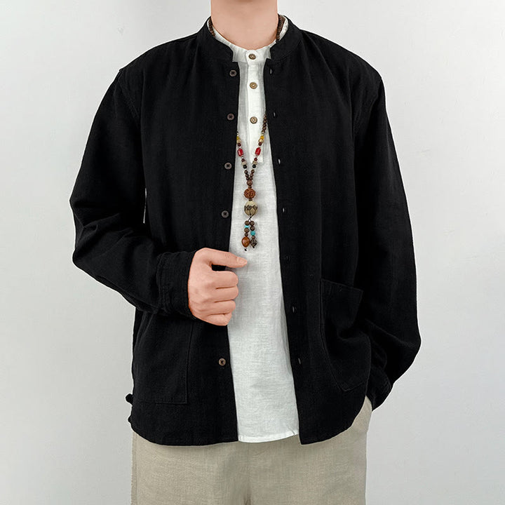 Camisa informal de lino y algodón con bolsillos para hombre, de color liso y ramio , con Buddha Stones - image 6