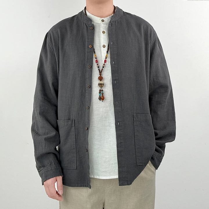 Camisa informal de lino y algodón con bolsillos para hombre, de color liso y ramio , con Buddha Stones