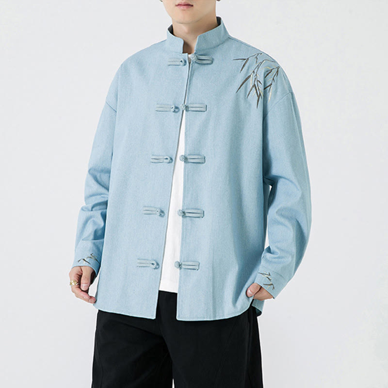 Camisa y chaqueta de algodón para hombre con diseño de hojas de bambú y Buddha Stones y botones de rana