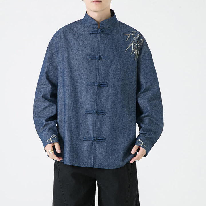 Camisa y chaqueta de algodón para hombre con diseño de hojas de bambú y Buddha Stones y botones de rana