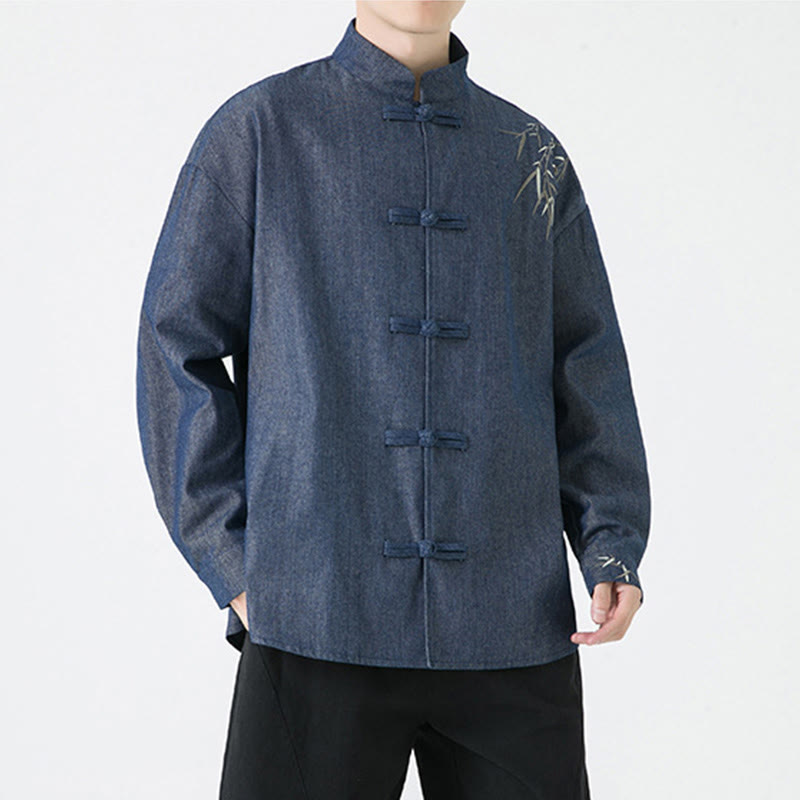 Camisa y chaqueta de algodón para hombre con diseño de hojas de bambú y Buddha Stones y botones de rana