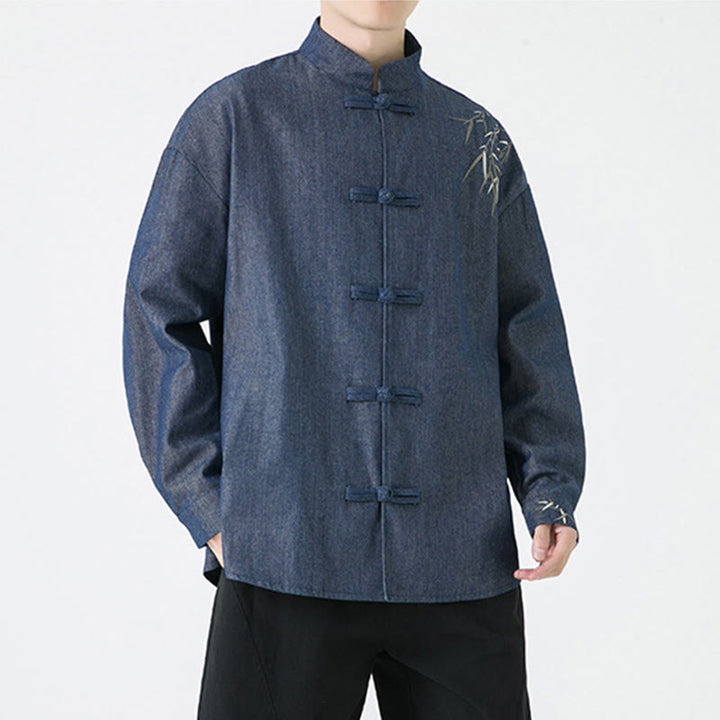 Camisa y chaqueta de algodón para hombre con diseño de hojas de bambú y Buddha Stones y botones de rana