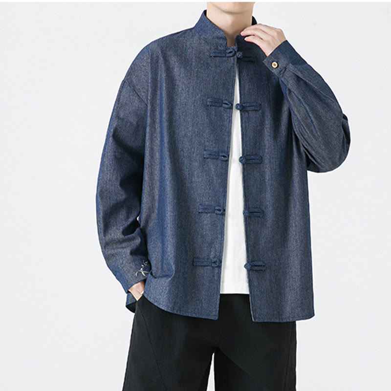 Camisa y chaqueta de algodón para hombre con diseño de hojas de bambú y Buddha Stones y botones de rana