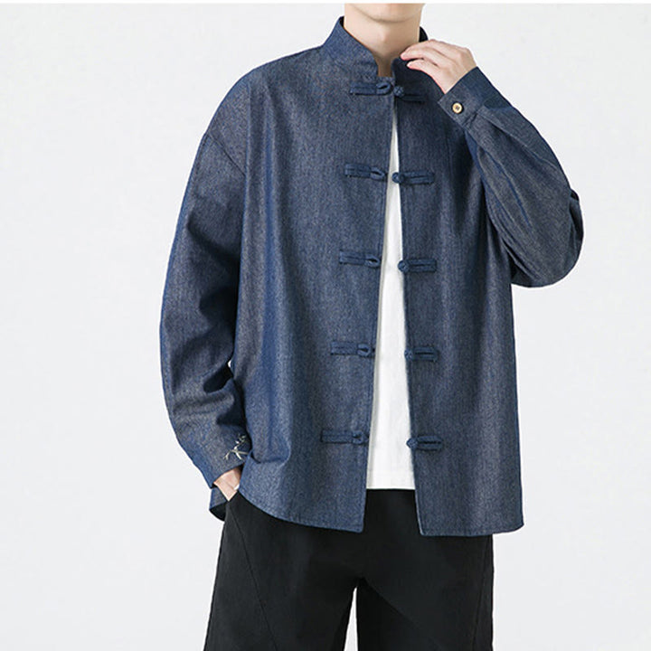 Camisa y chaqueta de algodón para hombre con diseño de hojas de bambú y Buddha Stones y botones de rana