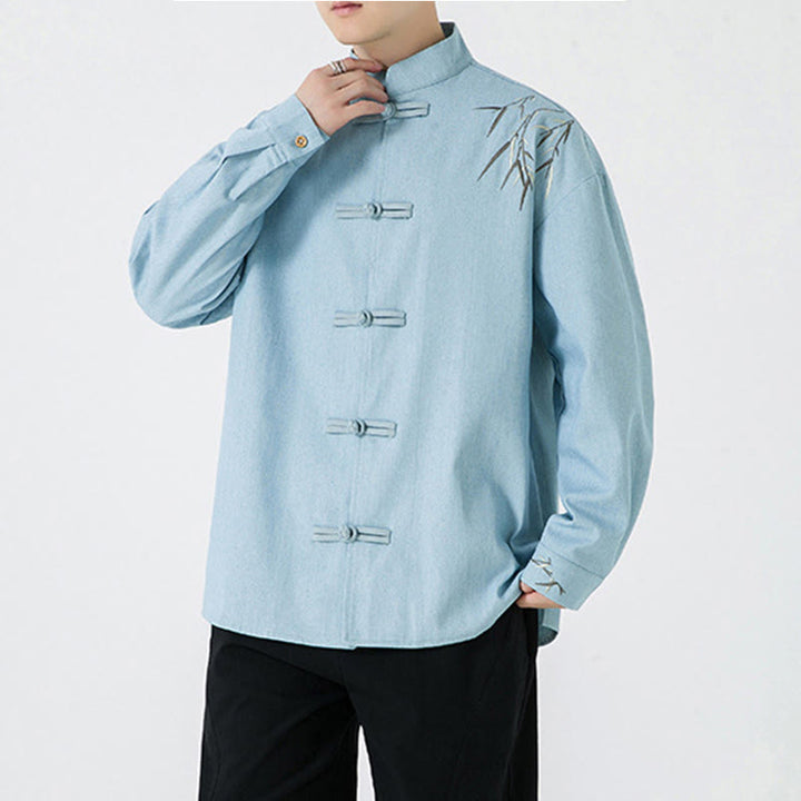 Camisa y chaqueta de algodón para hombre con diseño de hojas de bambú y Buddha Stones y botones de rana