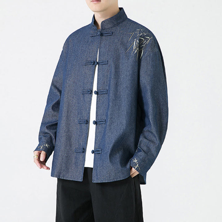 Camisa y chaqueta de algodón para hombre con diseño de hojas de bambú y Buddha Stones y botones de rana