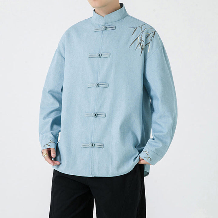 Camisa y chaqueta de algodón para hombre con diseño de hojas de bambú y Buddha Stones y botones de rana