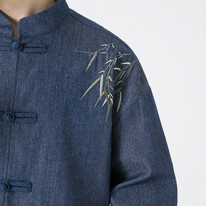 Camisa y chaqueta de algodón para hombre con diseño de hojas de bambú y Buddha Stones y botones de rana