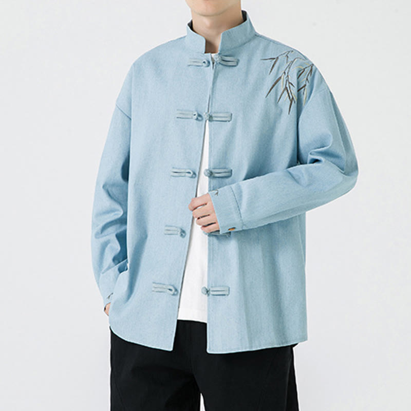 Camisa y chaqueta de algodón para hombre con diseño de hojas de bambú y Buddha Stones y botones de rana