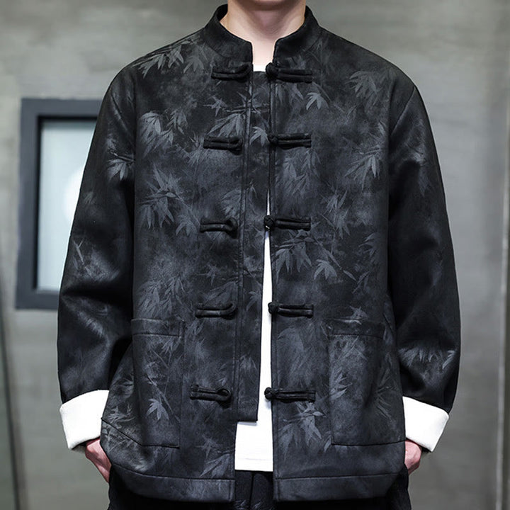 Traje Tang con botones de rana para hombre de Buddha Stones, chaqueta de algodón de gamuza con estampado de bambú y bolsillos