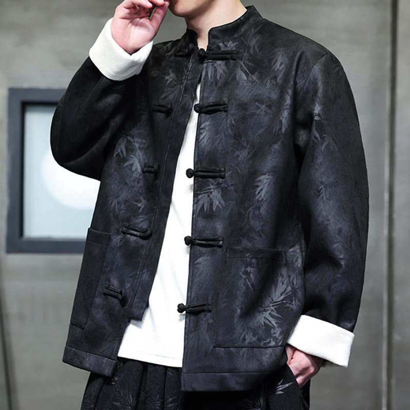 Traje Tang con botones de rana para hombre de Buddha Stones, chaqueta de algodón de gamuza con estampado de bambú y bolsillos