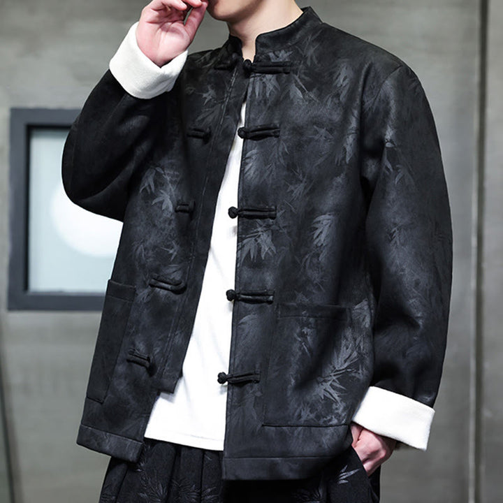 Traje Tang con botones de rana para hombre de Buddha Stones, chaqueta de algodón de gamuza con estampado de bambú y bolsillos