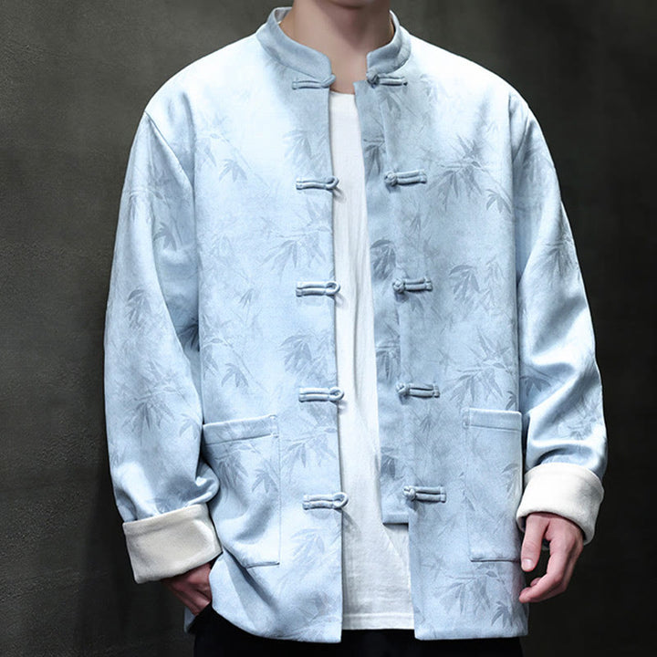 Traje Tang con botones de rana para hombre de Buddha Stones, chaqueta de algodón de gamuza con estampado de bambú y bolsillos