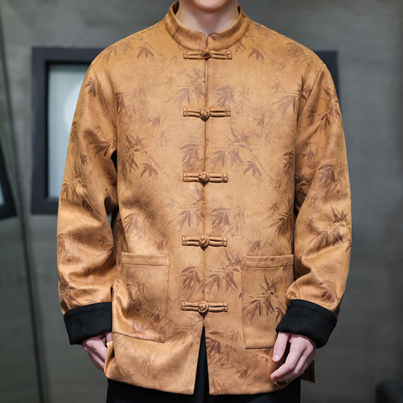 Traje Tang con botones de rana para hombre de Buddha Stones, chaqueta de algodón de gamuza con estampado de bambú y bolsillos