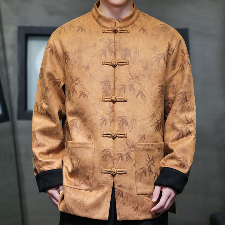 Traje Tang con botones de rana para hombre de Buddha Stones, chaqueta de algodón de gamuza con estampado de bambú y bolsillos