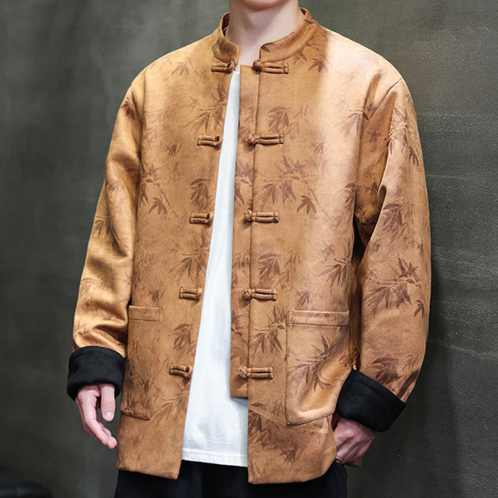 Traje Tang con botones de rana para hombre de Buddha Stones, chaqueta de algodón de gamuza con estampado de bambú y bolsillos