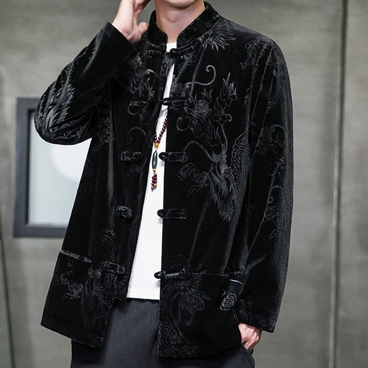 Traje Tang con botones de rana y estampado de dragón para hombre de Buddha Stones, chaqueta y camisa de algodón Lisvelte con bolsillos - Negro - US/UK/AU46, EU56 (5XL) - image 10