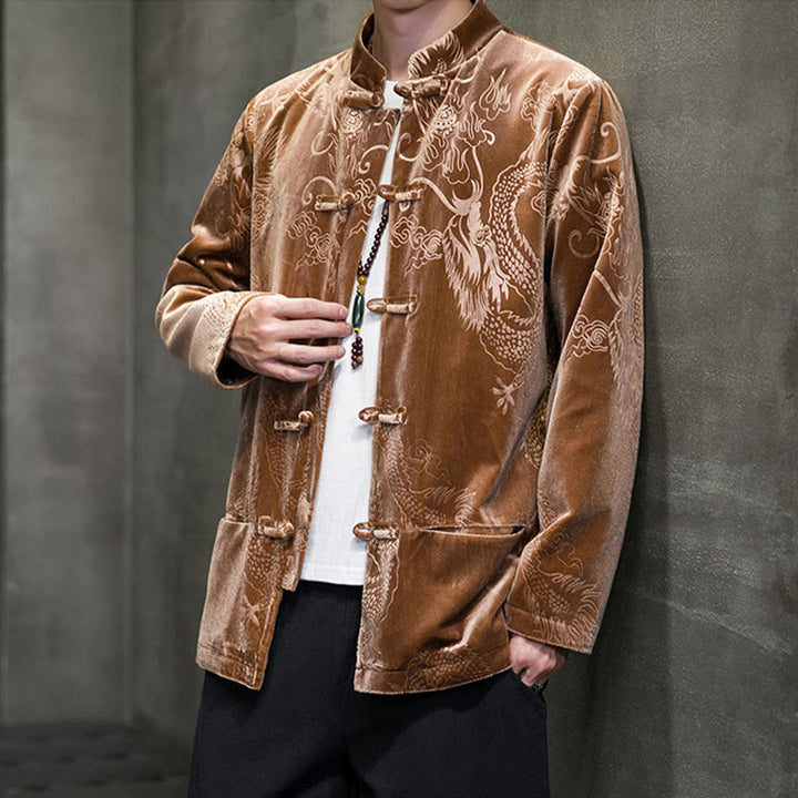 Traje Tang con botones de rana y estampado de dragón para hombre de Buddha Stones, chaqueta y camisa de algodón Lisvelte con bolsillos - image 5