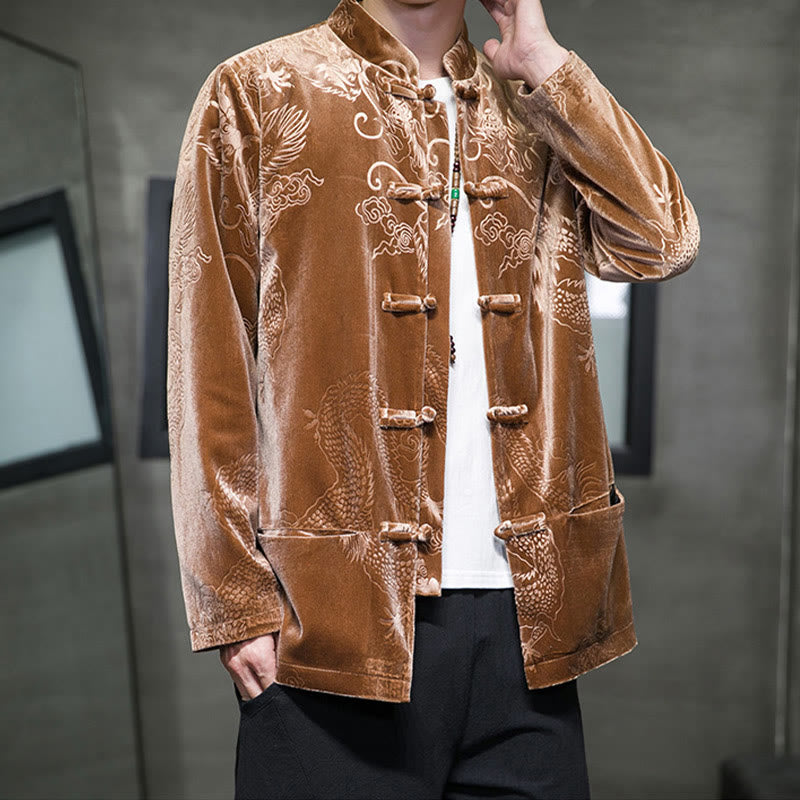 Traje Tang con botones de rana y estampado de dragón para hombre de Buddha Stones, chaqueta y camisa de algodón Lisvelte con bolsillos - image 3