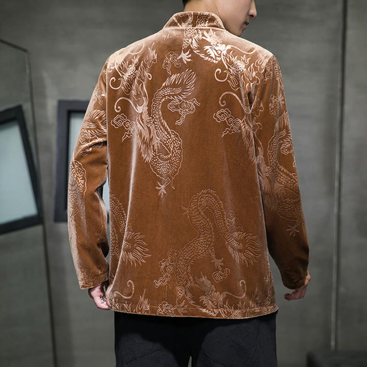 Traje Tang con botones de rana y estampado de dragón para hombre de Buddha Stones, chaqueta y camisa de algodón Lisvelte con bolsillos - image 8