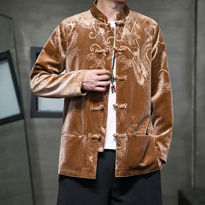 Traje Tang con botones de rana y estampado de dragón para hombre de Buddha Stones, chaqueta y camisa de algodón Lisvelte con bolsillos - image 6