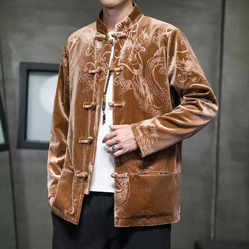 Traje Tang con botones de rana y estampado de dragón para hombre de Buddha Stones, chaqueta y camisa de algodón Lisvelte con bolsillos - image 4