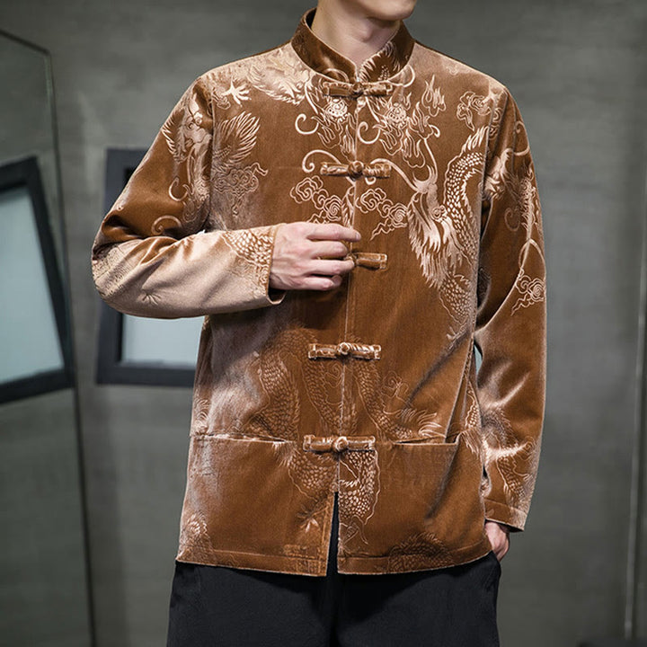 Traje Tang con botones de rana y estampado de dragón para hombre de Buddha Stones, chaqueta y camisa de algodón Lisvelte con bolsillos - image 2