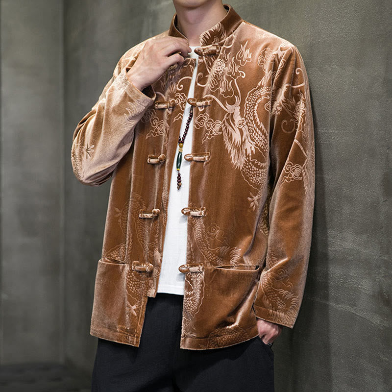 Traje Tang con botones de rana y estampado de dragón para hombre de Buddha Stones, chaqueta y camisa de algodón Lisvelte con bolsillos - image 7