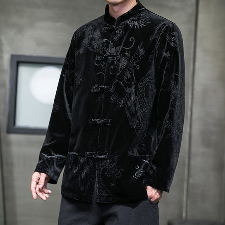 Traje Tang con botones de rana y estampado de dragón para hombre de Buddha Stones, chaqueta y camisa de algodón Lisvelte con bolsillos - image 13