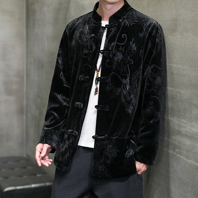 Traje Tang con botones de rana y estampado de dragón para hombre de Buddha Stones, chaqueta y camisa de algodón Lisvelte con bolsillos - image 12