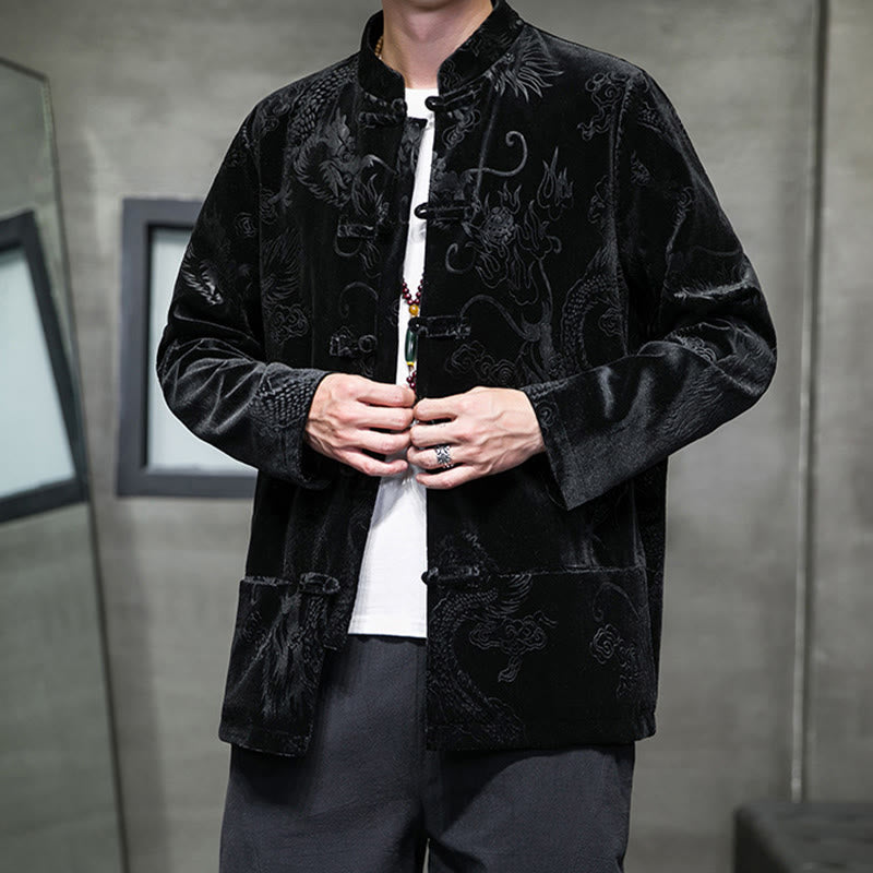 Traje Tang con botones de rana y estampado de dragón para hombre de Buddha Stones, chaqueta y camisa de algodón Lisvelte con bolsillos - image 14