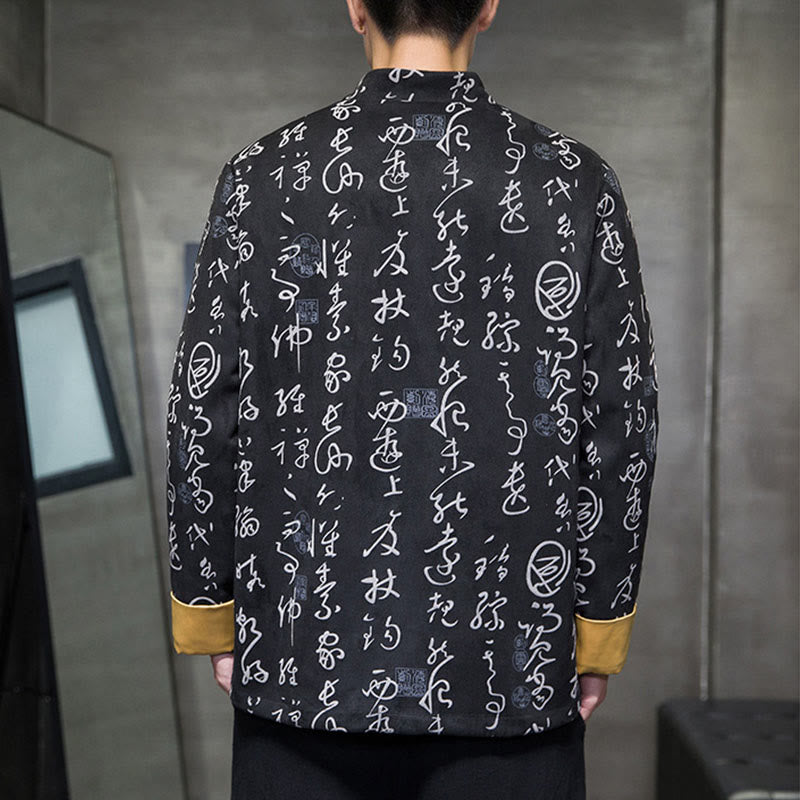 Traje Tang con Buddha Stones de rana para hombre con estampado de caligrafía china, chaqueta de piel de ciervo y poliéster, camisa con bolsillos