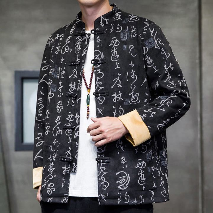 Traje Tang con Buddha Stones de rana para hombre con estampado de caligrafía china, chaqueta de piel de ciervo y poliéster, camisa con bolsillos