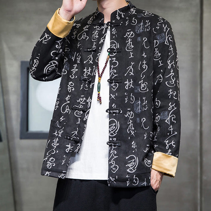Traje Tang con Buddha Stones de rana para hombre con estampado de caligrafía china, chaqueta de piel de ciervo y poliéster, camisa con bolsillos