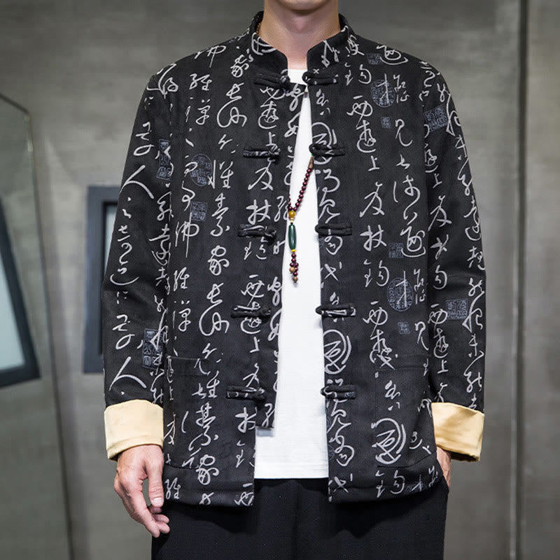 Traje Tang con Buddha Stones de rana para hombre con estampado de caligrafía china, chaqueta de piel de ciervo y poliéster, camisa con bolsillos