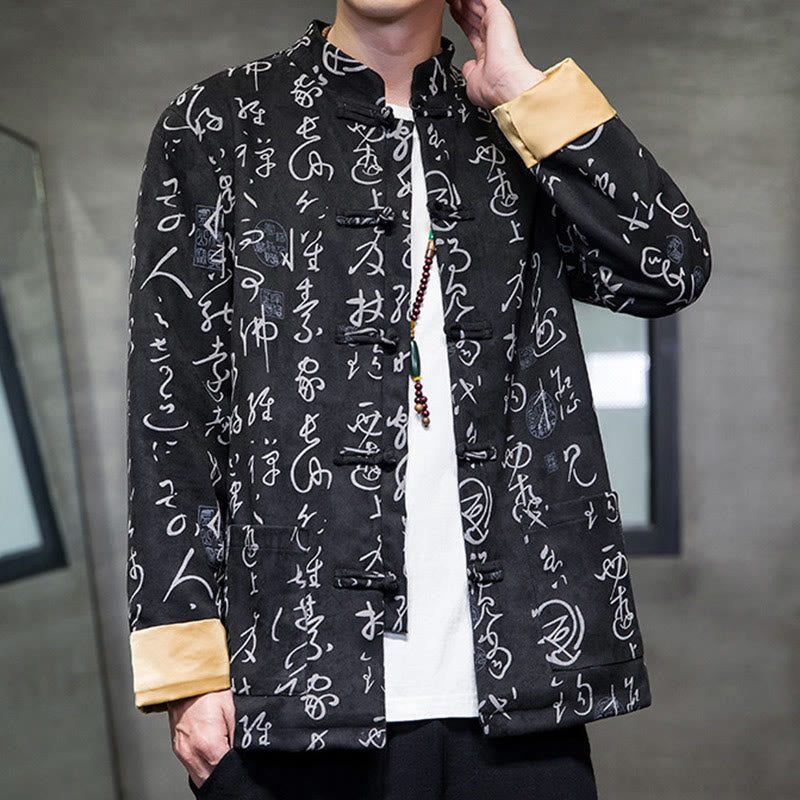 Traje Tang con Buddha Stones de rana para hombre con estampado de caligrafía china, chaqueta de piel de ciervo y poliéster, camisa con bolsillos