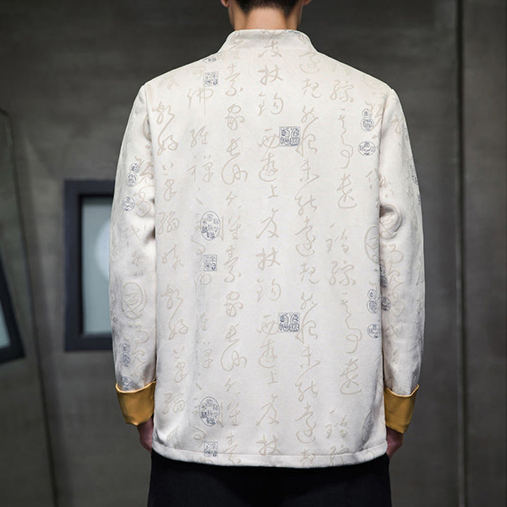 Traje Tang con Buddha Stones de rana para hombre con estampado de caligrafía china, chaqueta de piel de ciervo y poliéster, camisa con bolsillos