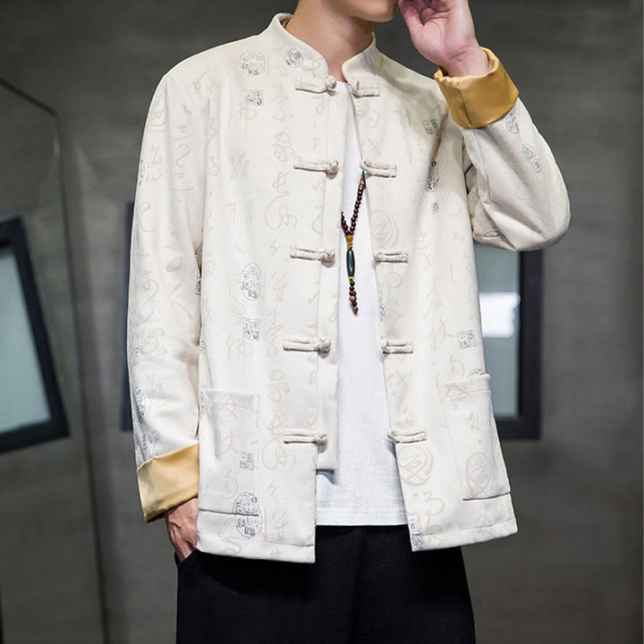 Traje Tang con Buddha Stones de rana para hombre con estampado de caligrafía china, chaqueta de piel de ciervo y poliéster, camisa con bolsillos