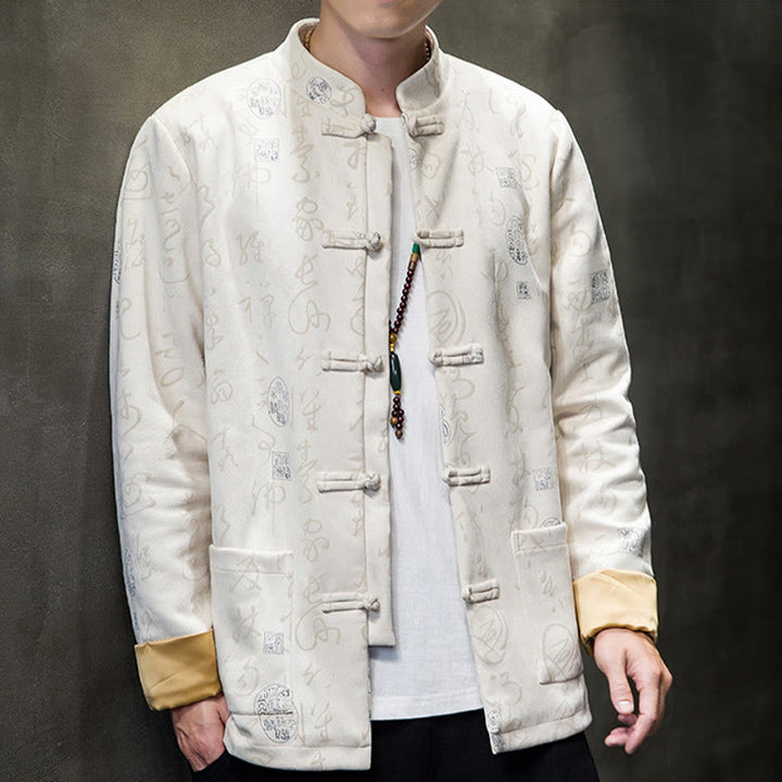 Traje Tang con Buddha Stones de rana para hombre con estampado de caligrafía china, chaqueta de piel de ciervo y poliéster, camisa con bolsillos