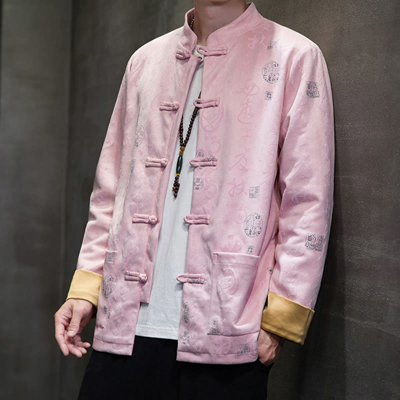 Traje Tang con Buddha Stones de rana para hombre con estampado de caligrafía china, chaqueta de piel de ciervo y poliéster, camisa con bolsillos