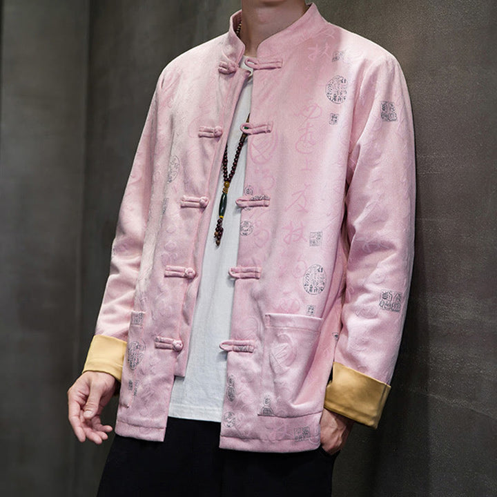 Traje Tang con Buddha Stones de rana para hombre con estampado de caligrafía china, chaqueta de piel de ciervo y poliéster, camisa con bolsillos