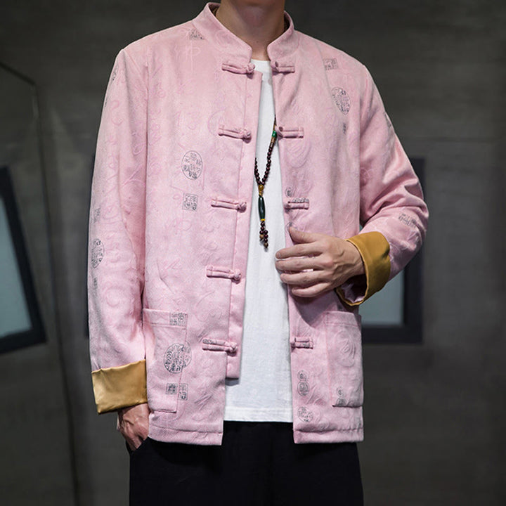 Traje Tang con Buddha Stones de rana para hombre con estampado de caligrafía china, chaqueta de piel de ciervo y poliéster, camisa con bolsillos