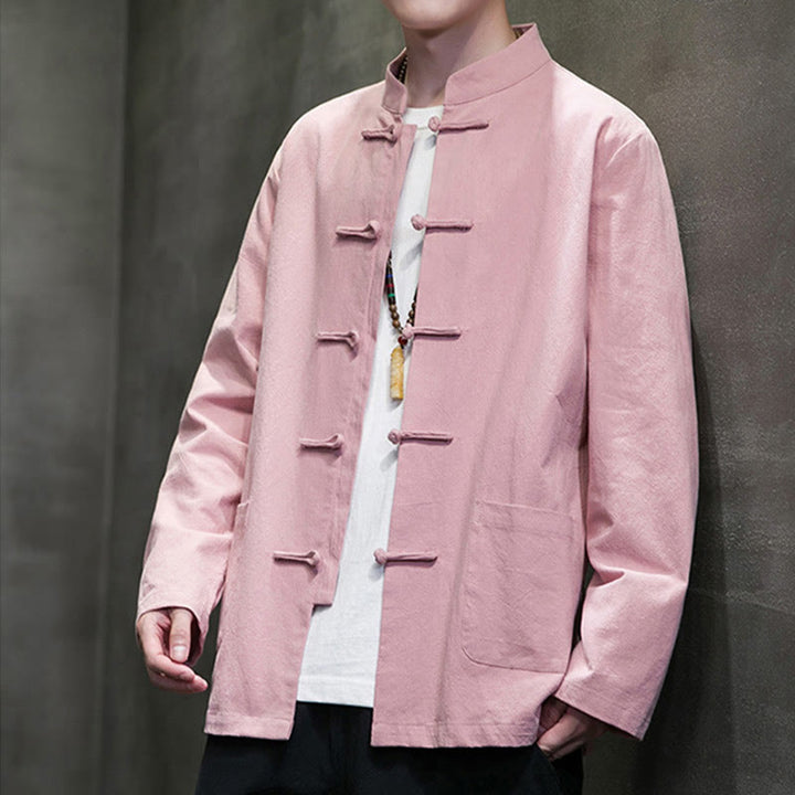 Traje Tang de algodón y lino con botones de rana de color liso y Buddha Stones para hombre, chaqueta y camisa con bolsillos - image 27