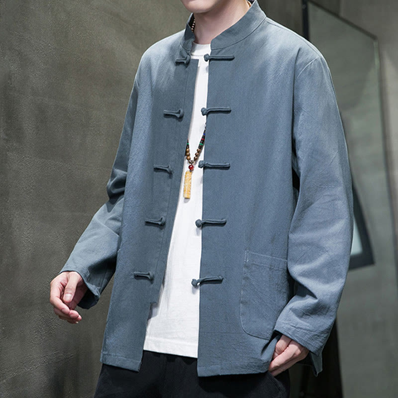 Traje Tang de algodón y lino con botones de rana de color liso y Buddha Stones para hombre, chaqueta y camisa con bolsillos - image 1