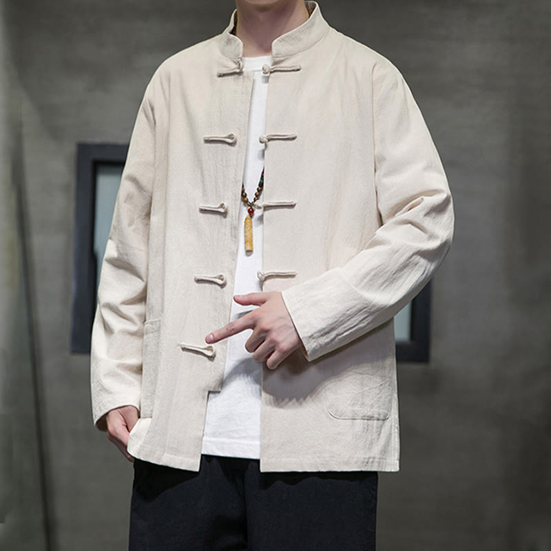 Traje Tang de algodón y lino con botones de rana de color liso y Buddha Stones para hombre, chaqueta y camisa con bolsillos - image 16