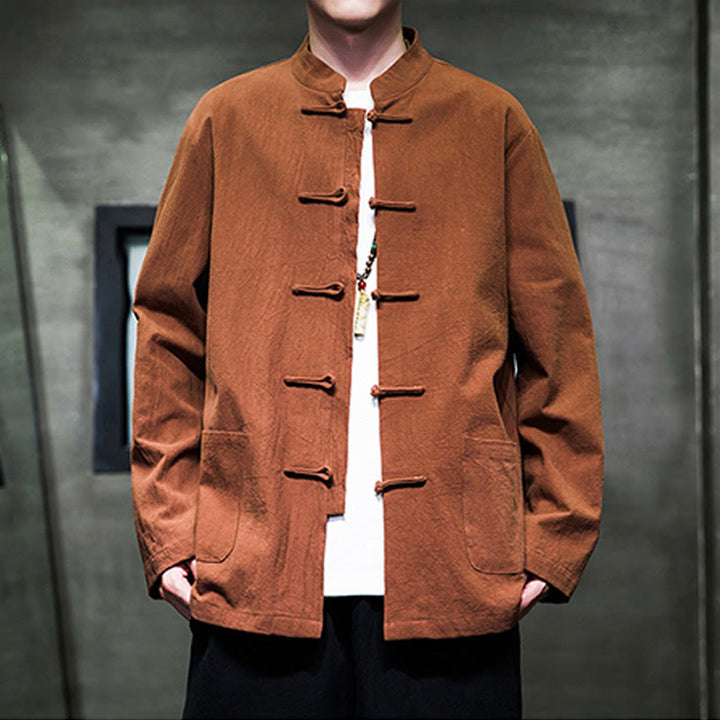 Traje Tang de algodón y lino con botones de rana de color liso y Buddha Stones para hombre, chaqueta y camisa con bolsillos - Chocolate - US/UK/AU46, EU56 (5XL) - image 19